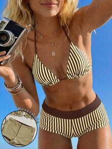 Bộ bikini kẻ sọc dành cho nữ, thích hợp cho các buổi hẹn hò, tiệc trà chiều, kỳ nghỉ, lễ hội âm nhạc, dã ngoại vào mùa xuân và mùa hè. - màu nâu vàng - Xem 1