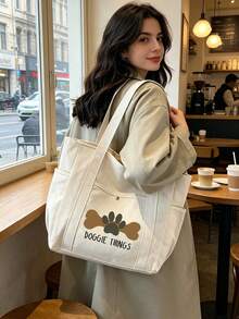"Doggie Things" Cute Print Canvas Tote Bag & Pouch Set,With Paw Print Design,Funny Pet Owner Travel Organizer,Foldable And Lightweight,Multi-Pocket Shoulder Backpack,Women'S Tote Bag,Canvas Shoulder Bag With Small Cosmetic Pouch, Lightweight Dog Walking Bag For Pet Supplies, Perfect For Dog Lovers, Daily Outings, Work, School,Travel & Shopping,Perfect For Dog-Loving Ladies. - Multicolor - View 2