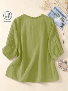 Women's Embroidered Lightweight Loose Retro Casual Midi Shirt, Plus Size, Spring/Summer - Green - View 5