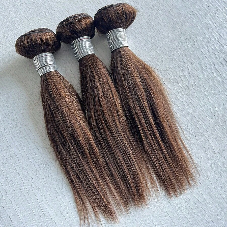 BINF #4 Chocolate Brown Straight Human Hair Bundles, Double Weft, For Women Daily Use, Dyeable And Bleachable, Suitable For Parties, Easy To Wear, Versatile Hairstyles, 1/3 Pieces