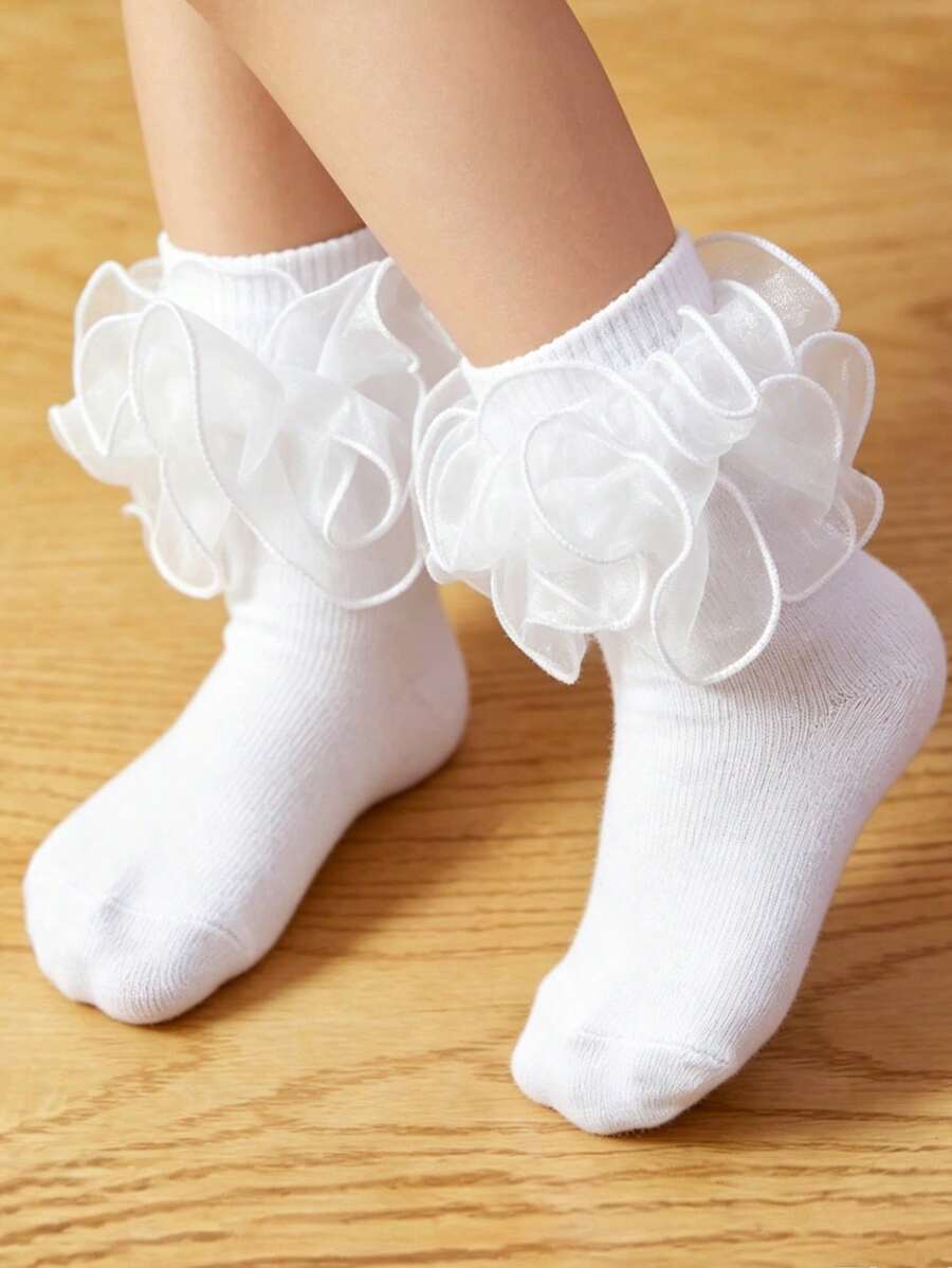 1 双儿童纯色荷叶边短袜，百搭校服穿着