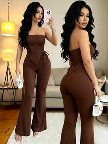 Conjunto de dos piezas con top asimétrico bandeau fruncido de unicolor y pantalones acampanados para mujer,Top bandeau estriado con textura para mujer,Pantalones acampanados sexy para mujer, pantalones de pierna ancha de unicolor con estiramiento en 4 direcciones, pantalones casuales de cintura alta, pantalones deportivos transpirables para primavera y verano - Café integral - Ver 1