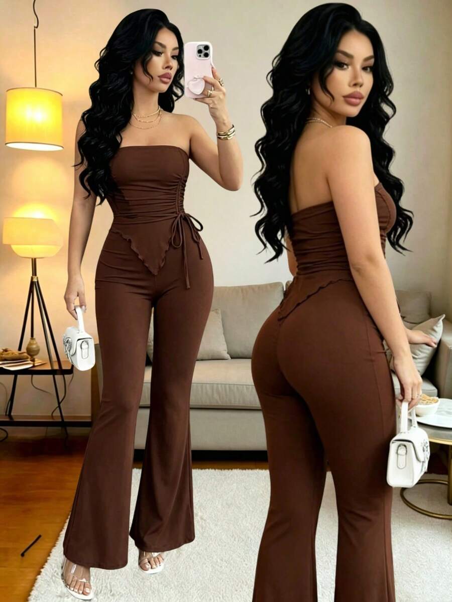 Conjunto de dos piezas con top asimétrico bandeau fruncido de unicolor y pantalones acampanados para mujer,Top bandeau estriado con textura para mujer,Pantalones acampanados sexy para mujer, pantalones de pierna ancha de unicolor con estiramiento en 4 direcciones, pantalones casuales de cintura alta, pantalones deportivos transpirables para primavera y verano - Café integral - Ver 1