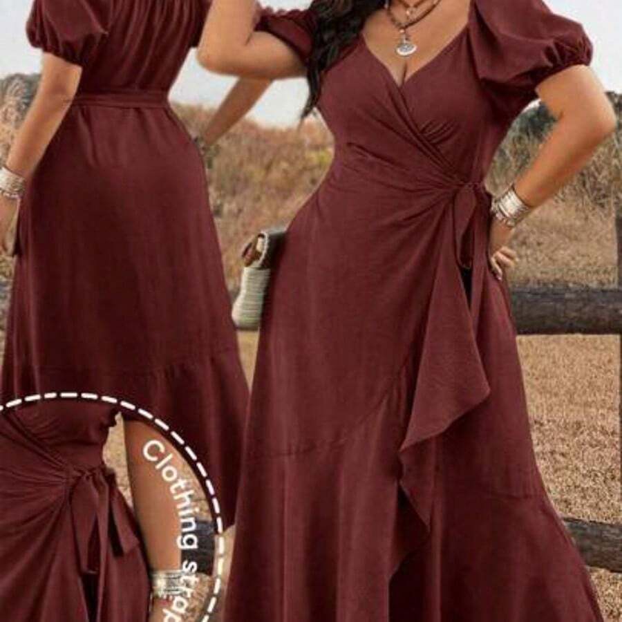 jianchaimaoyi02 Ceyna Vestido elegante con lazo y volantes en el bajo para mujer de talla grande - Rojo - Ver 1