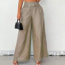 Women's Casual Wide-Leg Linen Pants With Metal Chain Detail, Autumn Style - 摩卡棕 - 查看 9