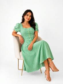 Women's VALENTINE Midi Dress, Green, With Puff Sleeves And Front Buttons, A-Line Style. - Verde Pastel - Ver 2