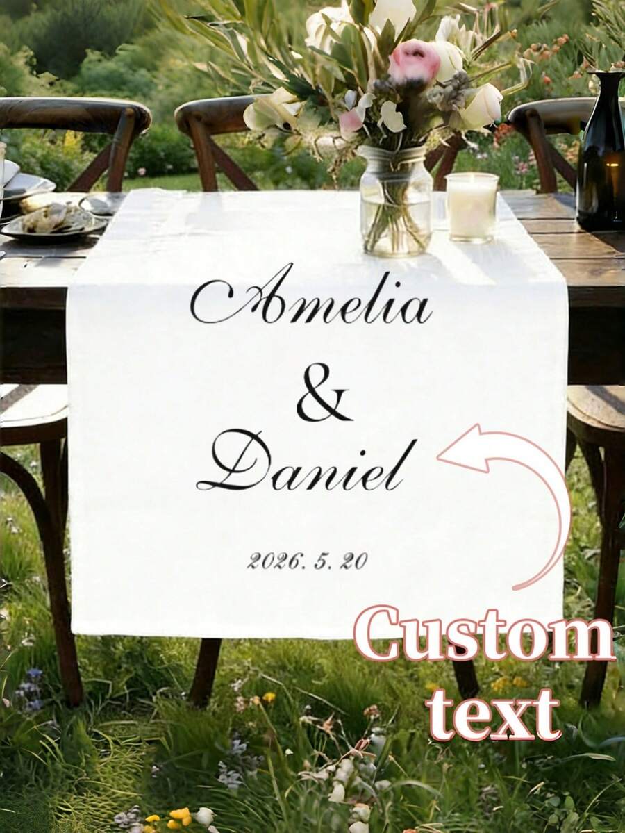 1pc Customized Wedding Table Runner, Personalized Text, Couple Names And Date Table Decor, Suitable For Rustic Wedding, Garden Wedding And Reception Table Romantic Table Runner - White - View 1