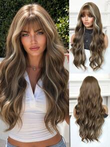 26 Inch Brown With Golden Highlights Synthetic Wig With Bangs, Long Wavy Heat Resistant Wig For Women, Ideal Gift For Halloween, Festival, Travel, Cosplay, Y2K & Daily Wear - Blonde Highlight - View 3