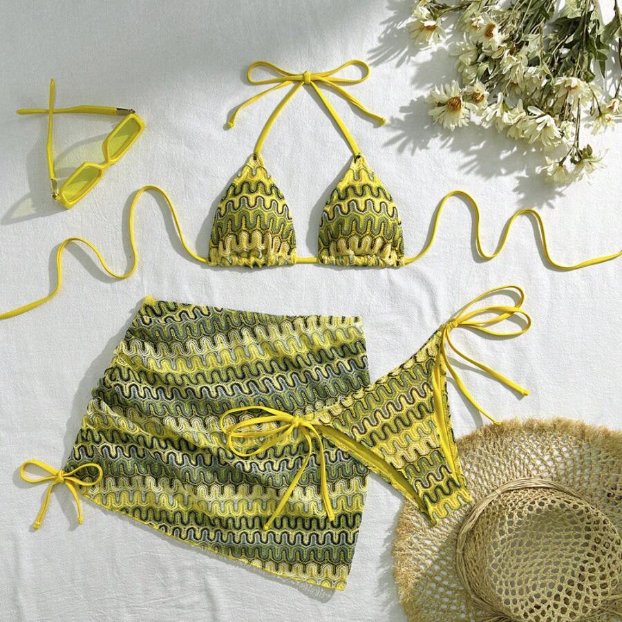 New Three-Piece Swimsuit Set With Embroidery And Gradient, Very Sensual - 黃色 - 查看 1