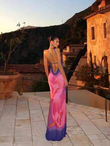 Vestido Maxi Asimétrico con Tirante Único, Estampado Tie-Dye Morado y Rosa, para Atardeceres y Cenas Elegantes - Rojo violeta - Ver 1