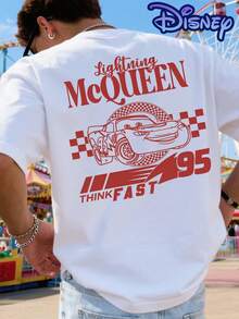 Disney T-Shirts With A Line Drawing Of Lightning McQueen From "Cars", Retro Racing Car Print, Men's T-Shirt, Pure Cotton, Loose Crew Neck, Streetwear, Holiday Outfits, Leisurewear, Theme Park Clothing, Summer T-Shirts. - 白色 - 查看 1