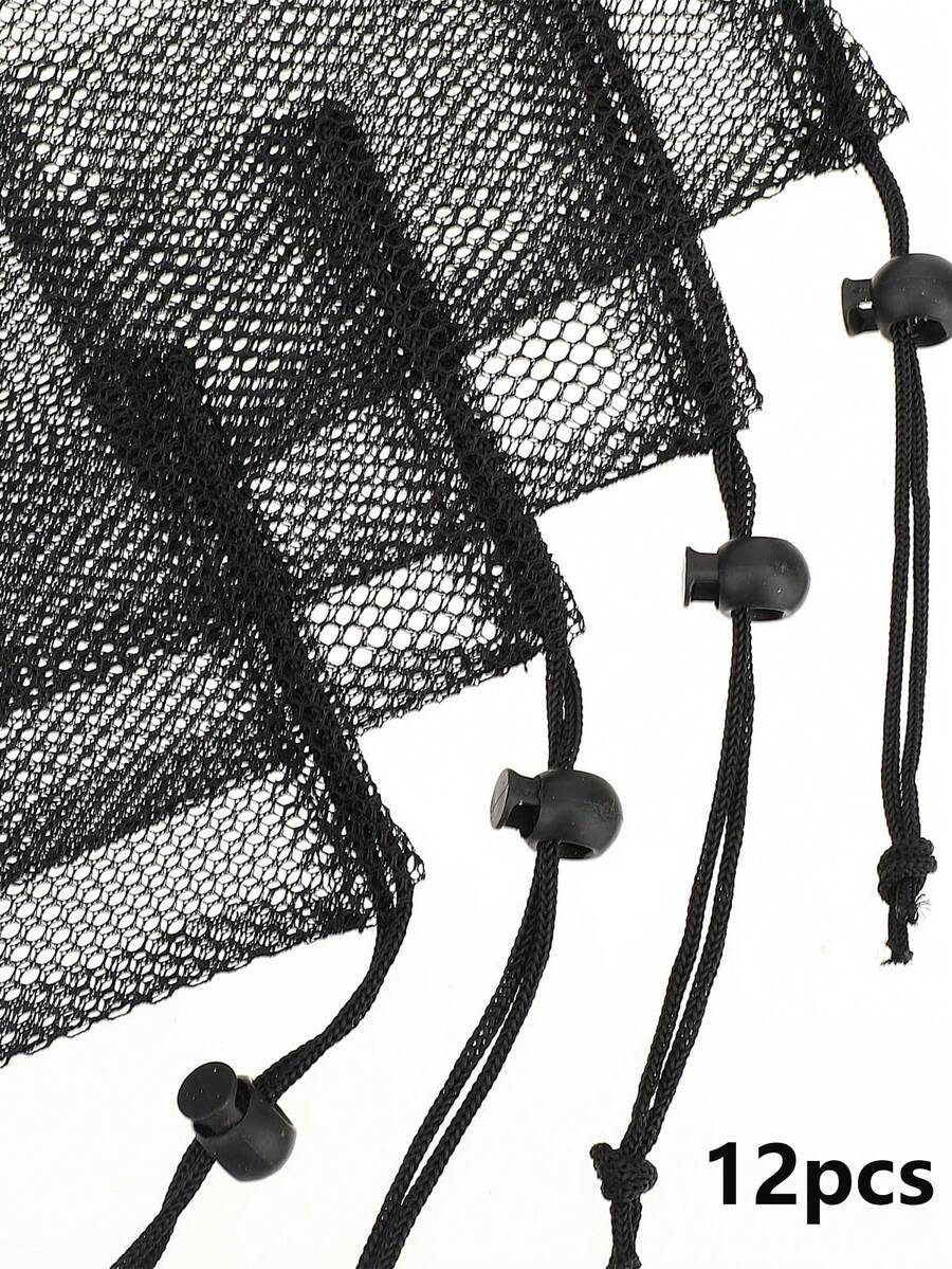 12pcs Black Mesh Drawstring Bags, Portable Storage Bags, For Snacks, Candy, Jewelry, Cosmetics & Small Accessories. - Black - View 1