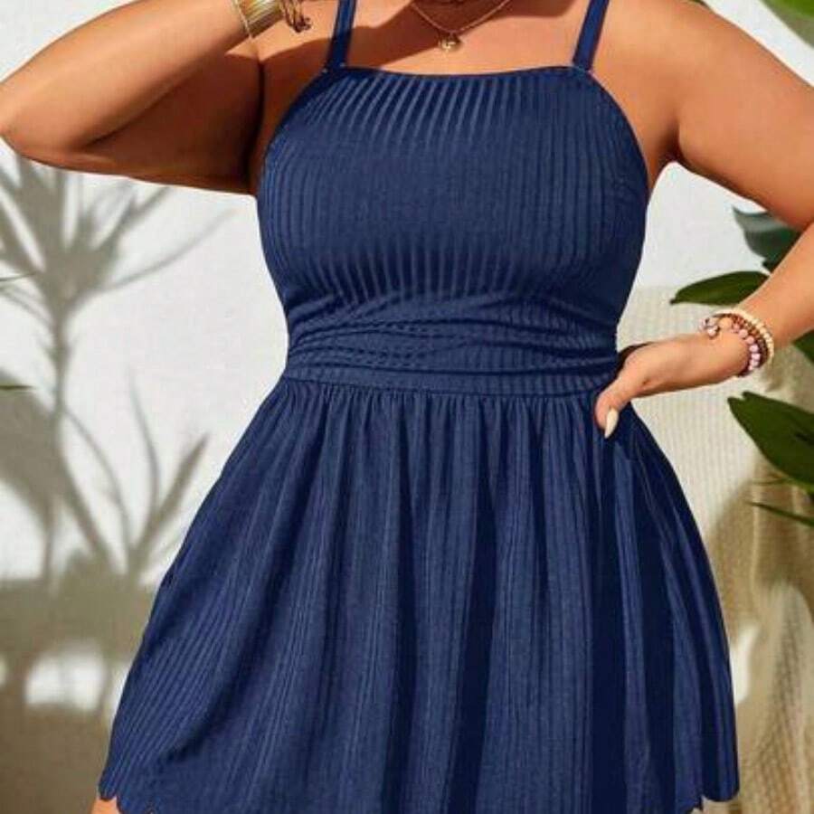 dahkjdgajy Swim Lushoire Vestido de baño de talla grande con tirantes finos sólido de verano con dobladillo de concha y bikini inferior, adecuado para usar en la piscina - Azul marino - Ver 1
