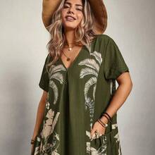 guangzhougaolangshangmao Freevana Vestido de talla grande para mujer con bolsillos, de manga corta y estampado floral para vacaciones - Marrón - Ver 4