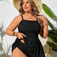 guangzhougaolangshangmao Swim Lushoire Vestido de baño de talla grande con tirantes finos sólido de verano con dobladillo de concha y bikini inferior, adecuado para usar en la piscina - Azul marino - Ver 5