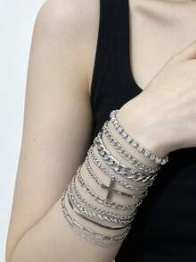 4-15pcs/Set Stainless Steel Cross Chain Bracelet Set For Men, Daily Wear Gift For Birthday, Christmas - Silver - View 4