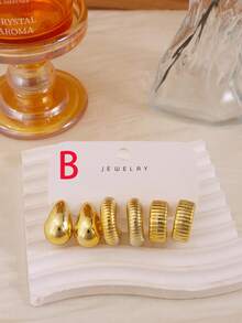 Light Luxury Metal Earring Set, Water Drop/Ribbed/Striped Style, High-End Elegant Versatile Ear Jewelry 9pcs/Set - Gold - View 3