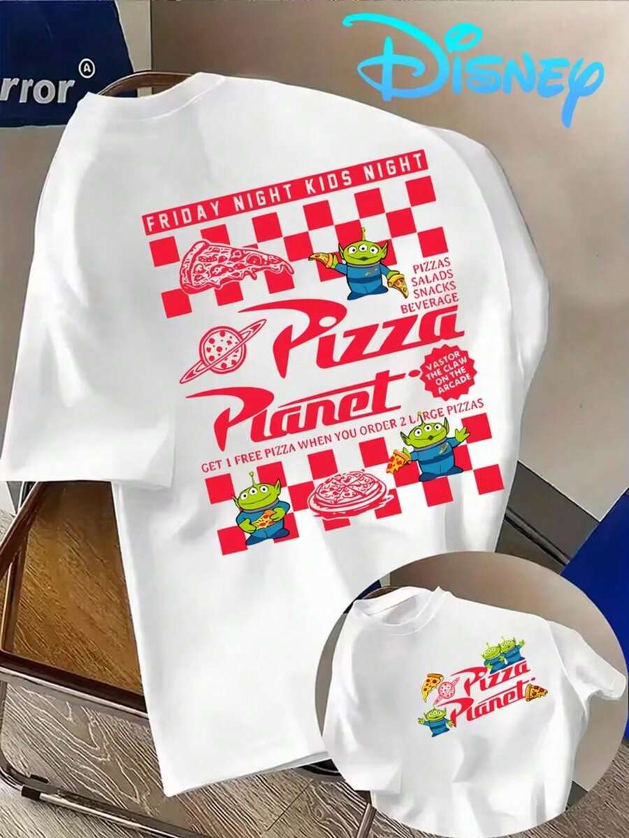 Officially Licensed By Disney With Toy Story Pizza Planet Red Retro Printed Graphics. 100% Cotton Loose Casual Tee, Soft, Breathable And Comfortable Fabric. Unisex Crew Neck Short Sleeve T-Shirt. - White - View 1