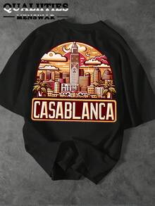 Men's Printed T-Shirt - Retro Travel Poster Design, Featuring Hassan Tower And Moroccan Architectural Motifs, Reversible Crew Neck Short Sleeves, Comfortable And Casual Style, Suitable For All Seasons, Available In Multiple Colors. (Text Function) - Black - View 2