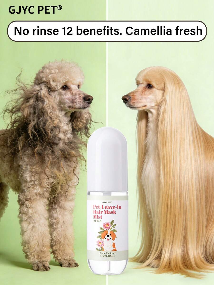 GJYC PET 寵物免沖洗護髮噴霧 – 12合1山茶花油與植物萃取髮膜護理 – 舒緩打結、保濕修復受損毛髮 – 適用於犬貓的免沖洗護髮噴霧 – 1.86 液盎司 (山茶花香) - 白色 - 查看 1