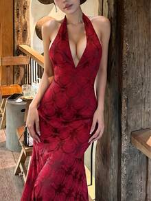 性感夏季優雅深V領長洋裝 女款掛脖無袖露背拼接拉鍊復古提花生日派對度假洋裝 - 紅色 - 查看 5