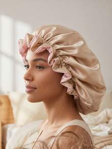 1 pieza Gorro de dormir de satén de doble capa, gorro de cabello reversible y sedoso para cabello rizado, gorro de noche suave para el cuidado del cabello, banda elástica ajustable, accesorios para el cabello de mujer - Rosa - Ver 4