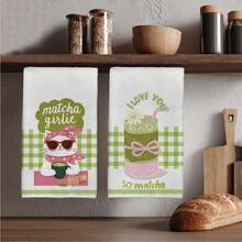 2PCS Healing Matcha Theme Cat Drink Print Microfiber Absorbent Kitchen Towels, 40*60cm Rectangular Dishcloth, Tablecloth, Hand Towel, Kitchen Decor, Neighbor Housewarming Gift, Kitchen Napkin And Dishcloth, Home Decor Gift - Green - View 1