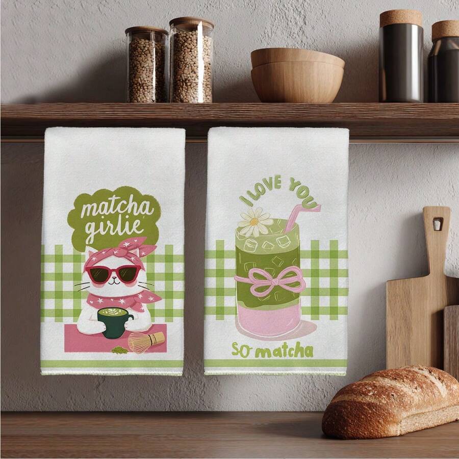 2PCS Healing Matcha Theme Cat Drink Print Microfiber Absorbent Kitchen Towels, 40*60cm Rectangular Dishcloth, Tablecloth, Hand Towel, Kitchen Decor, Neighbor Housewarming Gift, Kitchen Napkin And Dishcloth, Home Decor Gift - Green - View 1