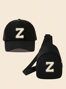 2piezas/Set Gorra de béisbol para niña con 26 letras Gorra de camión & Bolso de hombro mini Set, Monedero ligero y portátil, Para protección solar diaria al aire libre - Negro - Ver 17