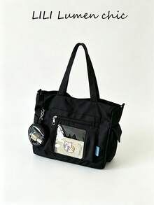 Sac fourre-tout minimaliste avec petite pochette ronde amovible, sac bandoulière en tissu souple grande capacité, convient pour les trajets quotidiens, les activités extérieures et les voyages - Noir - Voir 2