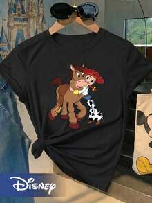 "Disney Toy Story" Cowboy Girl Jesse And Heart-Shaped Horse Classic Interactive Pattern Short-Sleeved T-Shirt, Very Suitable For Family Trips, Using Retro Disney Theme, Designed A Round Neck For Women, Unisex, Excellent Gift, Couple Shirt. - 黑色 - 查看 1