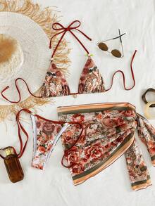 Bộ bikini nữ Onefish 2026, bộ bikini dây buộc cổ họa tiết hoa thanh lịch quyến rũ, đồ đi nghỉ dưỡng nữ, đồ bơi nữ, kỳ nghỉ hè - màu nâu - Xem 2
