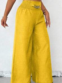 Women's Casual Wide-Leg Linen Pants With Metal Chain Detail, Autumn Style - Yellow - View 9