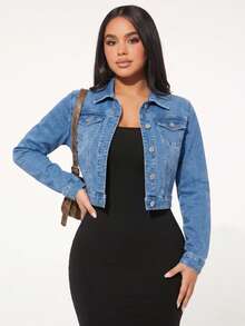 Chaqueta Clásica de Tela de Mezclilla para Mujer con Botones Metálicos y Bolsillos Frontales, Prenda Versátil de Corte Ajustado y Costuras Reforzadas para un Estilo Casual y Moderno - Azul Medio H3NZY01 - Ver 3