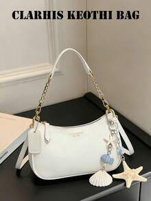 Bolso de hombro para mujer de PU blanco con textura lisa, bolso de mano de unicolor con colgante de concha con tema oceánico y decoración de letras, cierre de cremallera suave, asa de cadena, correa larga ajustable, para hombro, bandolera o llevar en la mano - Blanco - Ver 6