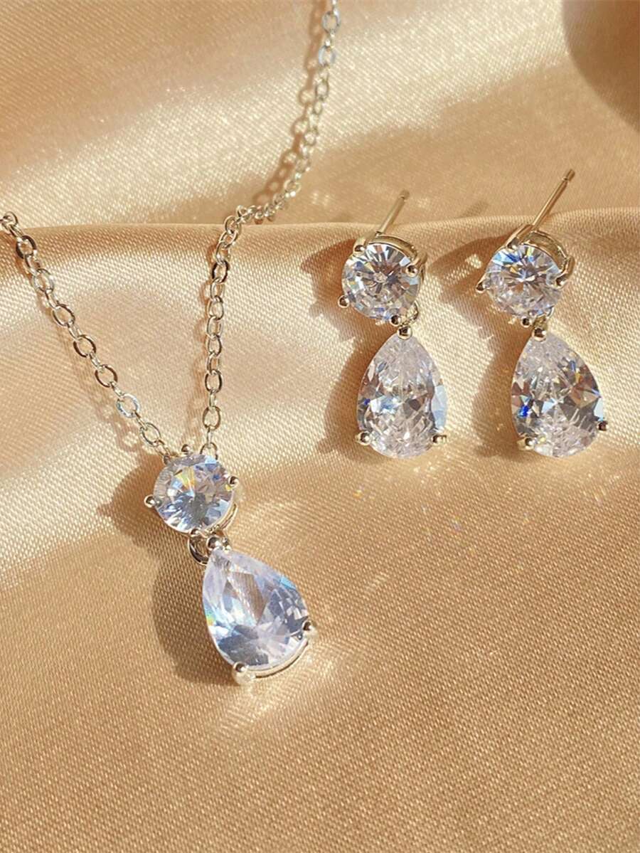 rakol 3pcs Silver Minimalist Round Cubic Zirconia Decor Women's Earrings Necklace Jewelry Set - Silver - View 1