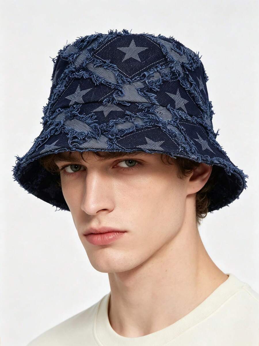 1pc Sports Outdoor Bucket Hat, Korean Style Denim Hat, Washed Distressed Star Pattern Hat, Suitable For Daily Street Wear, Summer Sun Protection Hat - Dark Blue - View 1