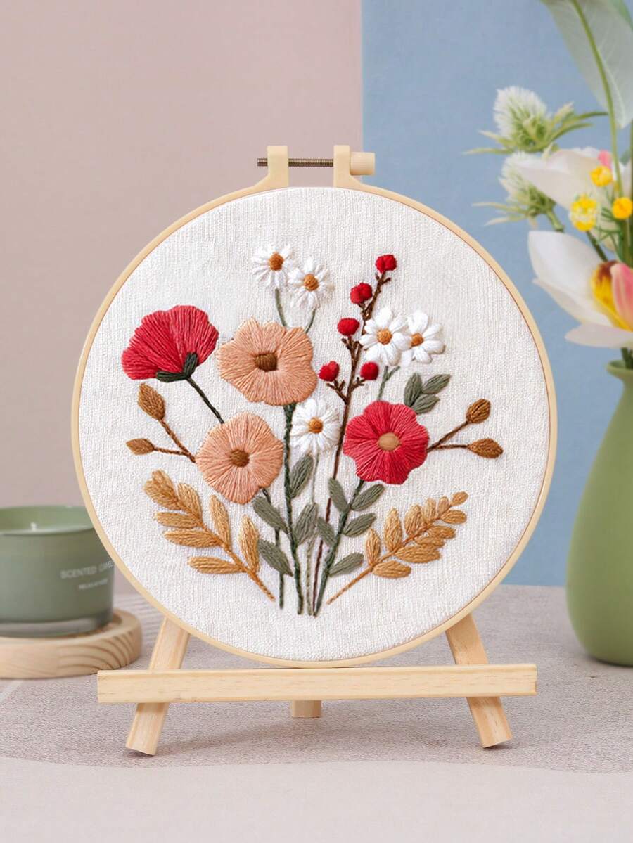 1 Set Embroidery Material Kit For Beginners, With Floral Pattern, 1 Set Includes 1 Piece Embroidery Fabric + 1 Piece 20cm Embroidery Hoop + 2 Pieces Embroidery Needles + 1 Set Colorful Threads + 1 English Instruction Manual, 4 Styles Available - Material Kit a - View 1