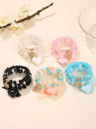 3pcs Girls' Bohemian Style Hollow Heart Shaped Alloy Pendant Multilayer Elastic Cord Bracelet