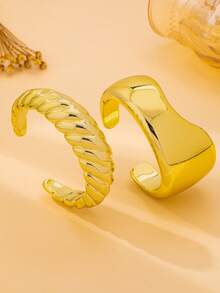 2pcs/Set Women's Fashion Open Bangle Bracelet Set, Bohemian Style Plain And Textured Open Bangles, Suitable For Daily Wear And Vacation - Yellow Gold - View 6