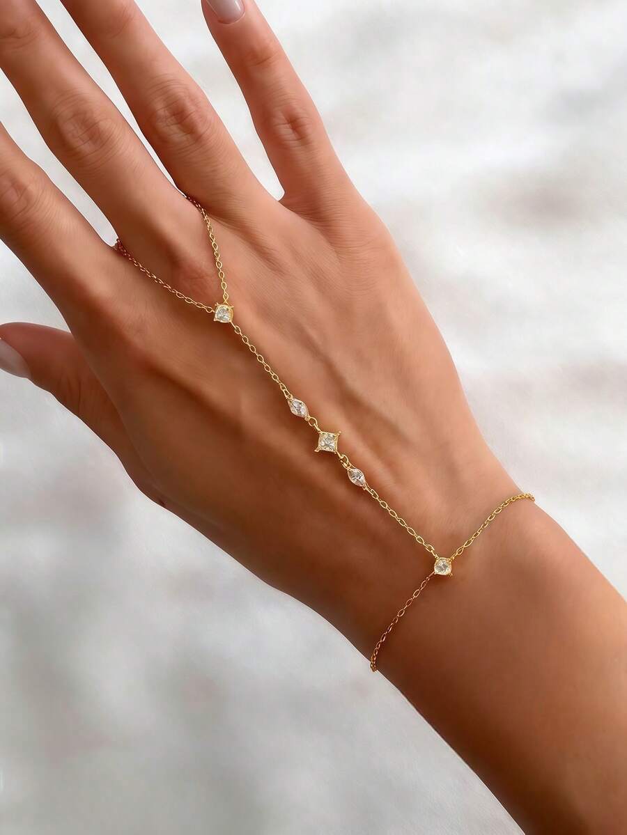 Cubic Zirconia Linked Finger Bracelet For Women Daily Party Banquet Wear Hand Harness - Yellow Gold - View 1