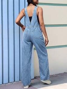 Women's Washed Denim Overalls With Front Zipper Design, Loose Straight Leg Jumpsuit, Summer Outfit Casual Fall - Light Wash - View 2