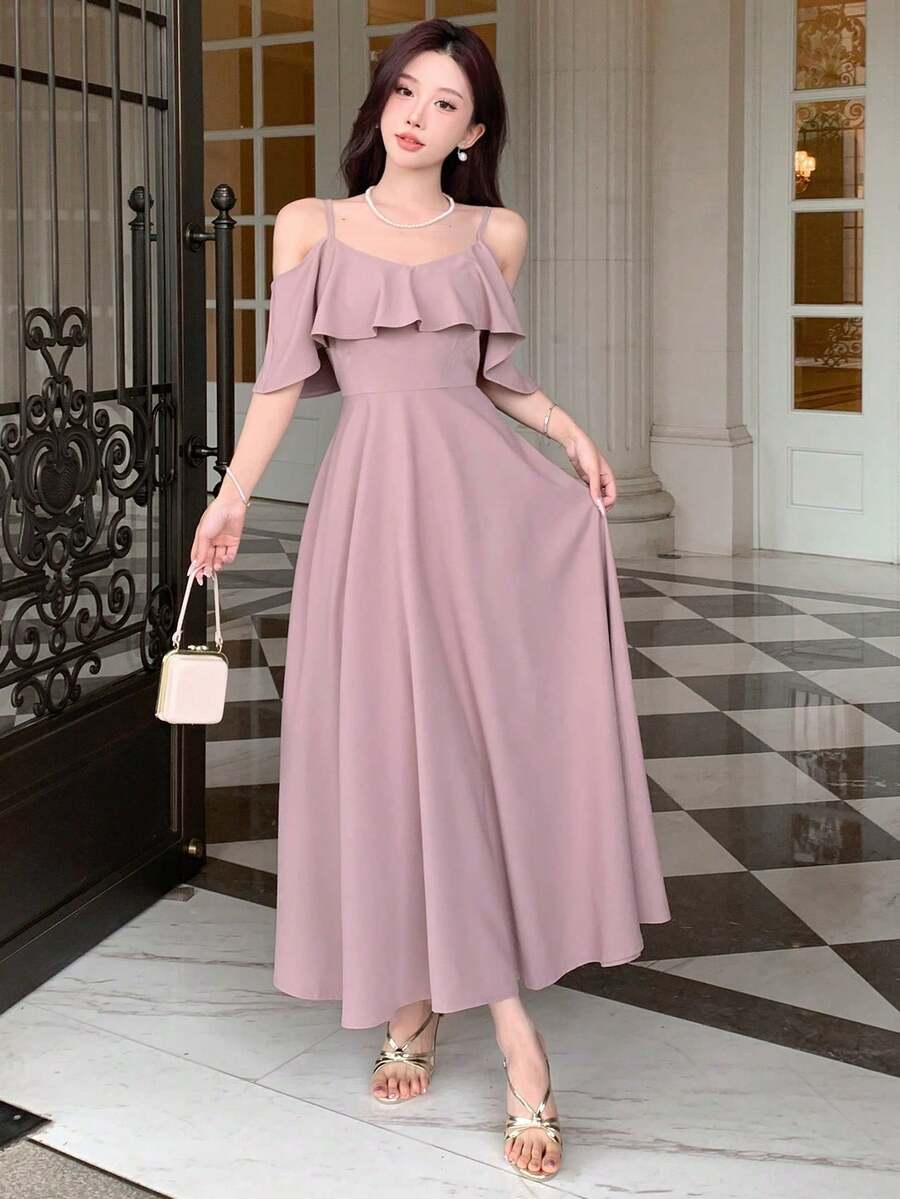 xheDAZY Vestido de verano elegante de mujer con hombros abiertos, silueta evasé y cinturón en la cintura. Vestido ideal para cumpleaños, Año Nuevo o fiesta de graduación, con volantesxhe - Rosa - Ver 1