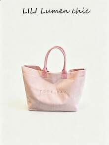 Pendler-Stil solide rosa Polyester Schultertasche, weicher Cord lässig Handtasche mit großer Kapazität, Ledergriff und Buchstickerei, vielseitig einsetzbar für Pendeln, Büro, Campus, täglichen Gebrauch, modisch und elegant für Damen Büroarbeit - Pink - Übersicht 2