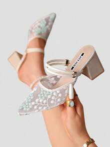 Summer New Rhinestone Fashion Mesh Elegant Ankle Strap High Heel Sandals For Women - Green - View 7