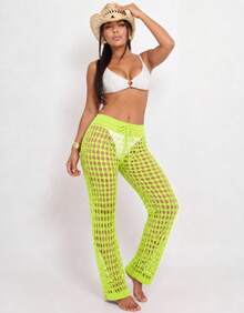 Knitted Beach Cover-Up Pants With Elastic Tie-Up Fishnet - Mint Green - View 2