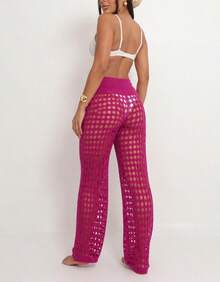 Knitted Beach Cover-Up Pants With Elastic Tie-Up Fishnet - Rose Red - View 4