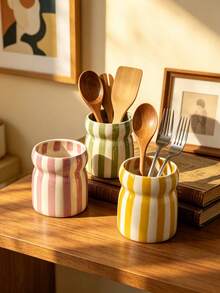 1pc Vintage Striped Ceramic Utensil Holder, Nordic Style Kitchen Storage Canister, Multifunctional Pen Holder & Utensil Organizer, Home Decor - Multicolor - View 3
