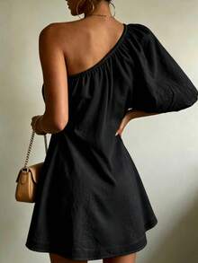 Women's Solid Color Elegant Asymmetrical Beach Vacation One-Shoulder Short Dress Summer Black - Black - View 3