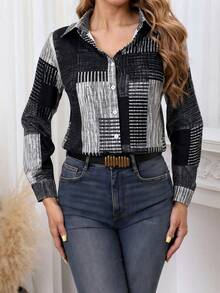 Plus Size Colorblock Button Print Long Sleeve Casual Retro Shirt, Patterned Plaid Front Button Vacation - Black and White - View 6